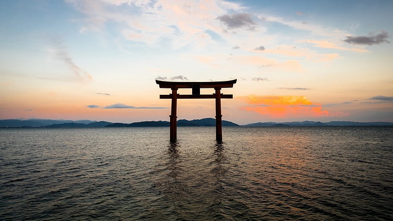 Torii Gate, gate, torii, japanese, ocean, sunset, sky, japan, hiroshima, scenery, HD wallpaper