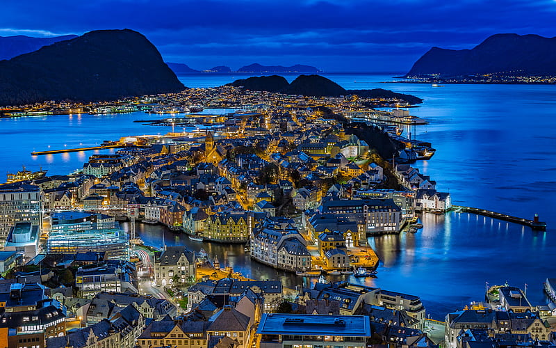 Aalesund nightscapes, norwegian cities, Europe, Norway, Aalesund at night, HD wallpaper