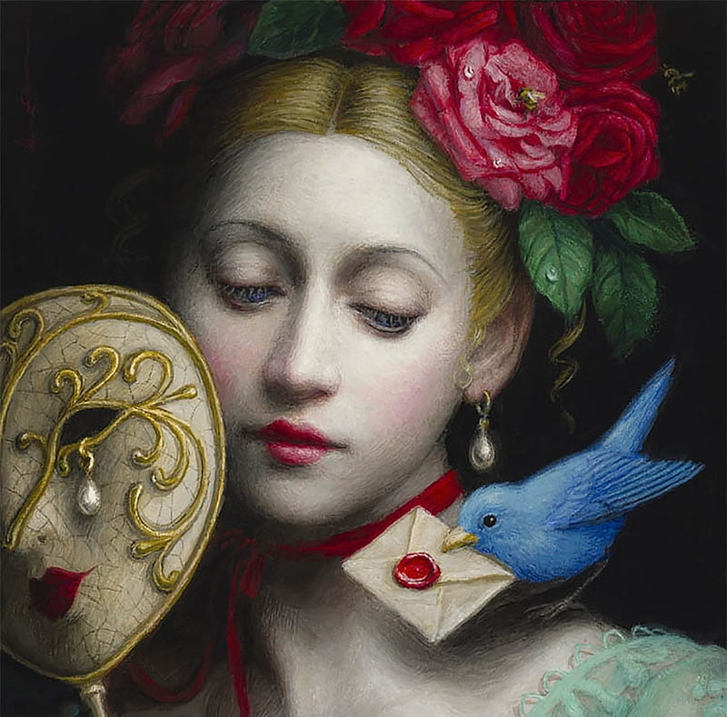 The letter, art, red, luminos, black, valentine, message, bird, girl, painting, flower, face, mask, pictura, blue, chie yoshii, letter, fantasy, HD wallpaper