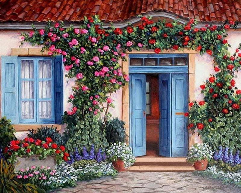 Floral Entrance, house, painting, flowers, blossoms, roses, artwork, door, HD wallpaper
