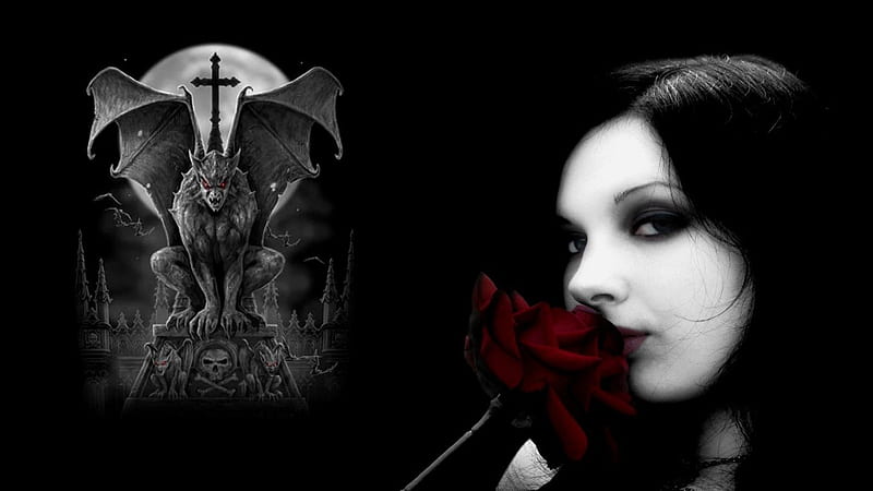 GOTHIC ROSE 4, Black Red, Cross, White, Rose, Statue, Moon, Gargoyle, Gothic, HD wallpaper