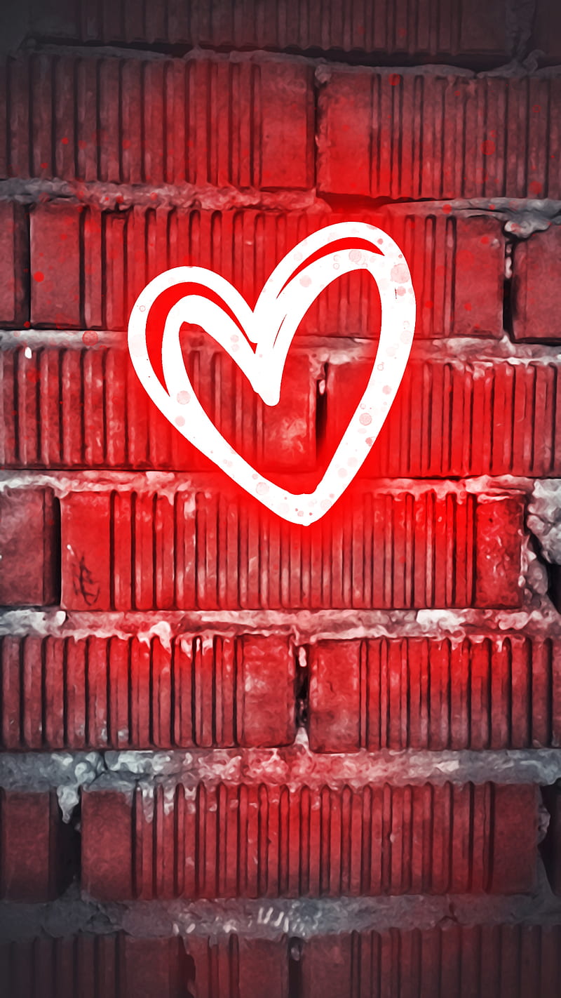neon heart, amoled, brick, katphone, love, red, top, wall brick, HD phone wallpaper