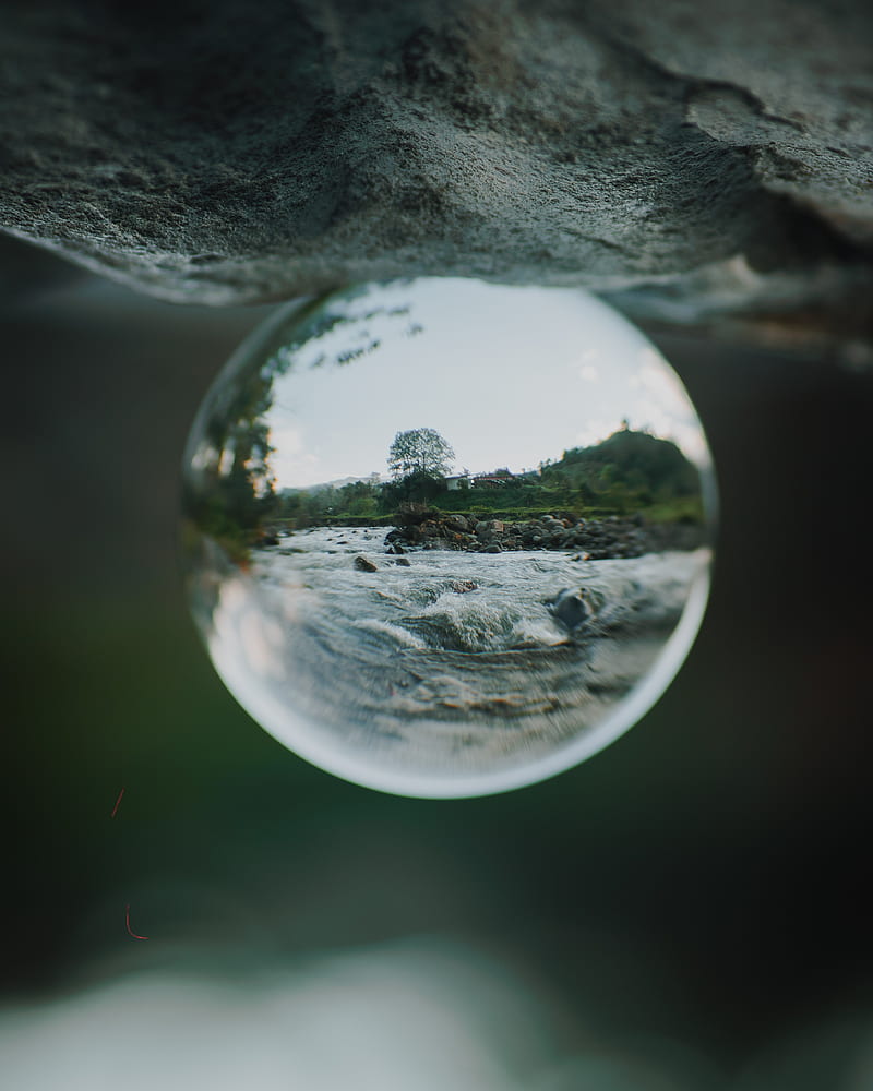 crystal ball, ball, sphere, reflection, river, HD phone wallpaper