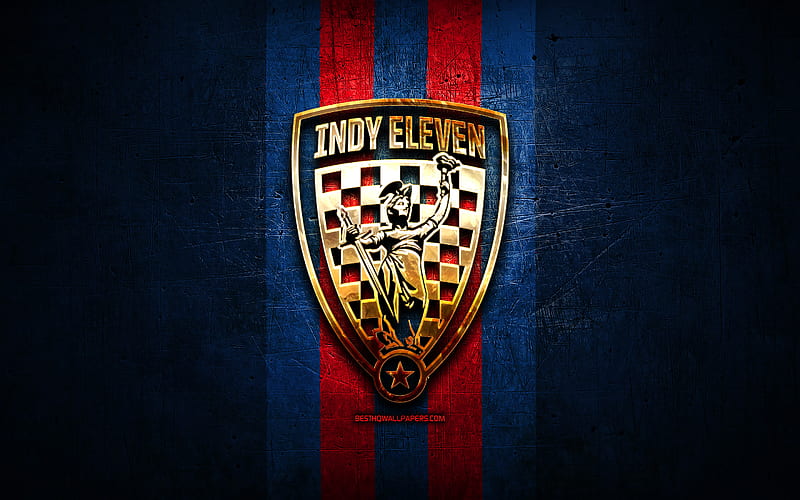 Indy Eleven FC, golden logo, USL, blue metal background, american soccer club, United Soccer League, Indy Eleven logo, soccer, USA, HD wallpaper