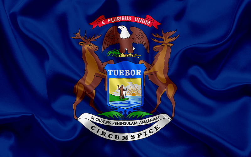 Michigan Flag, flags of States, flag State of Michigan, USA, state Michigan, blue silk flag, Michigan coat of arms, HD wallpaper