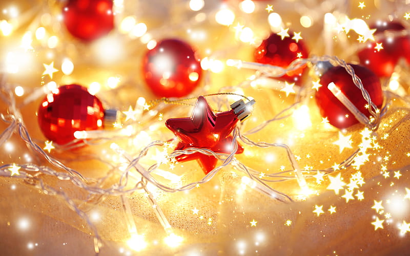 christmas decorations, flashlights, stars, balls, Happy New Year, Merry Christmas, red decorations, xmas, christmas, New Year, HD wallpaper