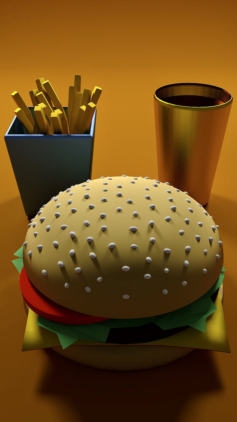 Fast Food, 3D, abstract, art, blue, burger, cheese, circles, coffee, colorful, colors, dream, french fries, gold, lights, lines, materials, meat, metal, orange, poly, polyart, polygons, red, render, shadows, spheres, tomatoes, triangles, HD phone wallpaper