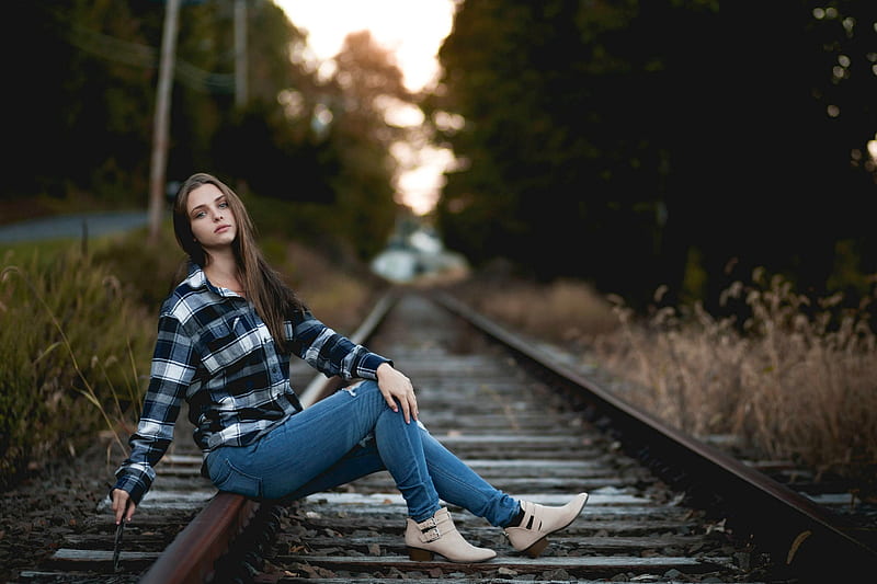 Model Sitting on the Rails, shirt, brunette, railway, model, jeans, HD wallpaper