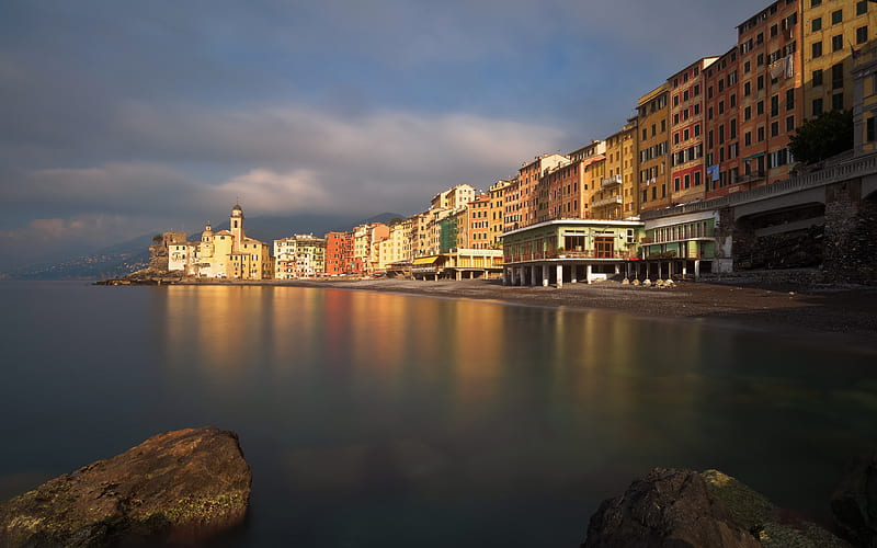 Camogli, morning, beach, sunrise, coast, Mediterranean Sea, Liguria, Genoa, Italy, HD wallpaper