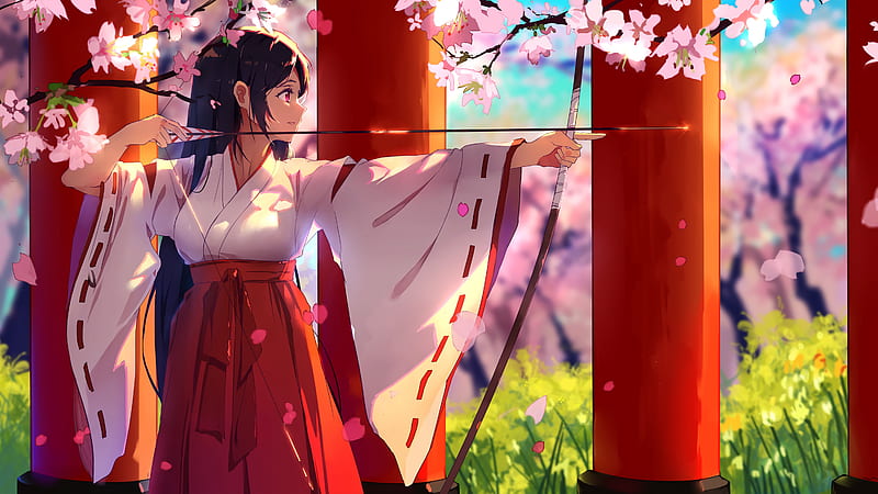 anime girl, archer, miko, shrine, torii, sakura blossom, Anime, HD wallpaper