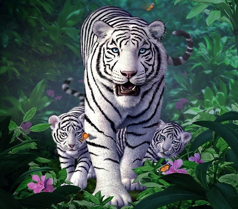 White Tigers, cute, family, fantasy, jerry lofaro, cub, tiger, white, mother, art, HD wallpaper