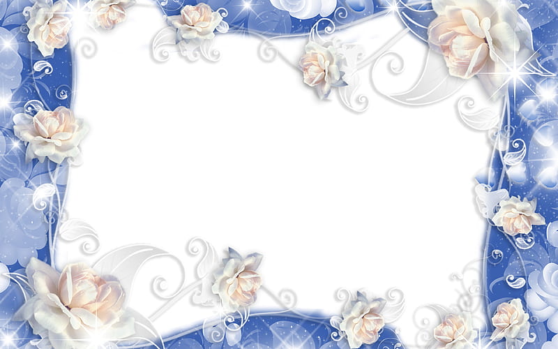 white roses frame floral concepts, floral frames, white backgrounds, white flowers, blue floral frame, HD wallpaper