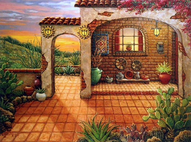 ★Home of Southwest Sunset★, architecture, pretty, lovely, houses, colors, love four seasons, home, bonito, attractions in dreams, creative pre-made, paintings, decorations, sunsets, flowers, nature, HD wallpaper