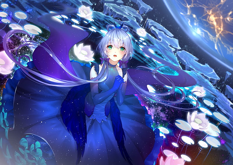 luo tianyi, vocaloid, blue dress, flowers, water lily, Anime, HD wallpaper