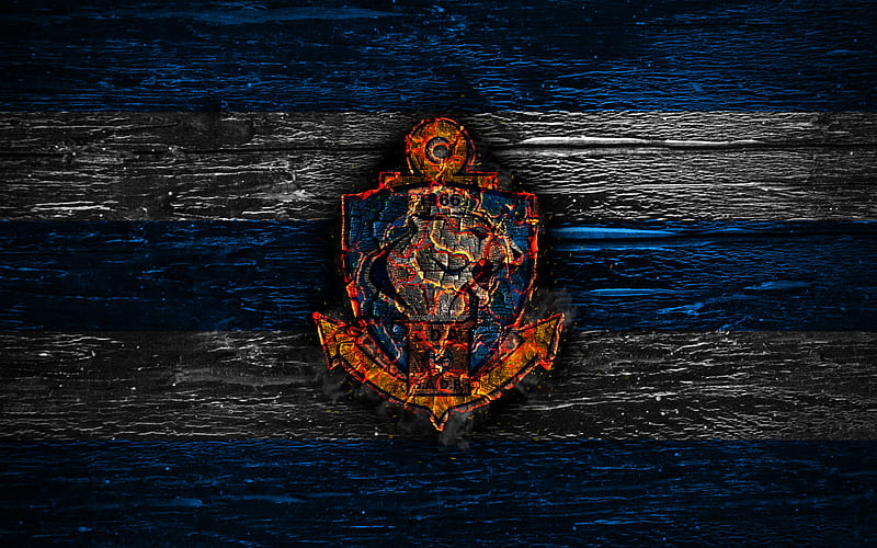 Antofagasta FC, fire logo, Chile Primera Division, blue and white lines, Chilean football club, grunge, CD Antofagasta, football, soccer, Antofagasta logo, wooden texture, Chile, HD wallpaper