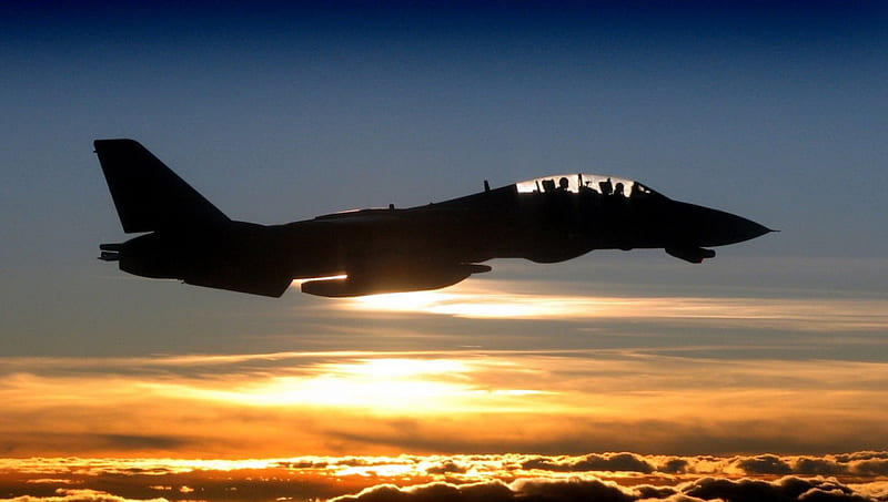 f14 tomcat silhouette at sunset, pale, military, sunset, silhouette, clouds, HD wallpaper