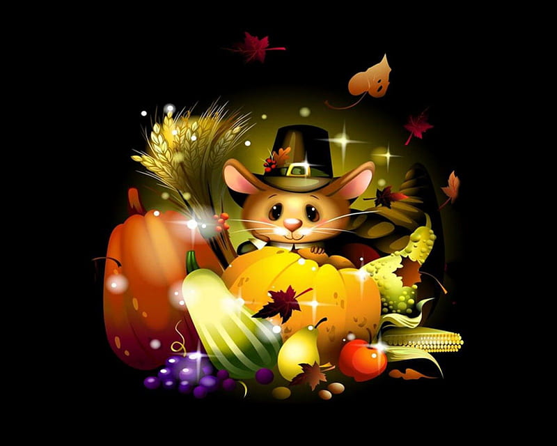 Thanksgiving Day Mouse, apple, corn, Fall, pear, wheat, horn of plenty, hat, fruit, grapes, leaves, Thanksgiving, cornucopia, pumpkin, mouse, Autumn, pumpkins, HD wallpaper