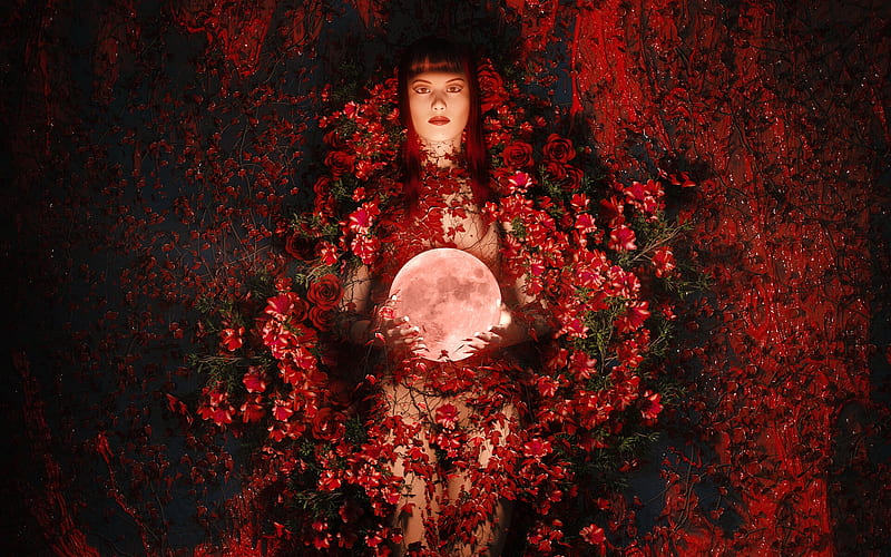 Redmoon, fantasy, moon, gal barkan, red, moon, girl, HD wallpaper | Peakpx