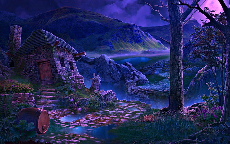 ..Cute Cottage Scene.., games, hut, grass, cottage, attractions in dreams, digital art, mill blades, landscapes, flowers, scenery, moons, colors, love four seasons, blades, barrel, creative pre-made, sky, trees, cute, cool, mixed media, mountains, HD wallpaper