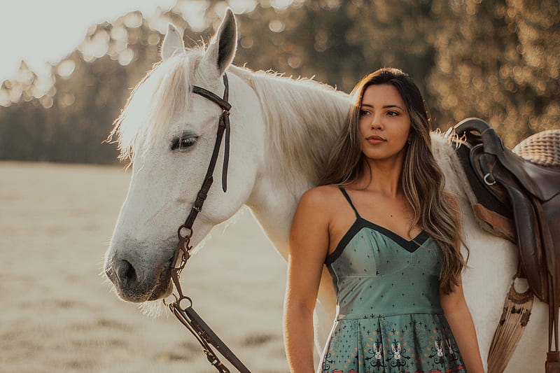 Cowgirl and Her Horse, Bridle, Pretty Dress, Long Hair, White, Teal, Pretty Woman, bonito, Saddle, Horse, Bonding, Posing, HD wallpaper
