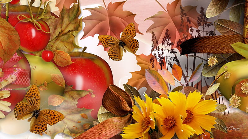 Best of Autumn, fall, autumn, harvest, apples, ribbon, butterflies, fruit, leaves, bright, flowers, HD wallpaper