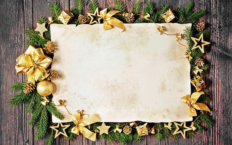 Merry Christmas, golden decorations, piece of paper, Happy New year, wooden  background, HD wallpaper | Peakpx
