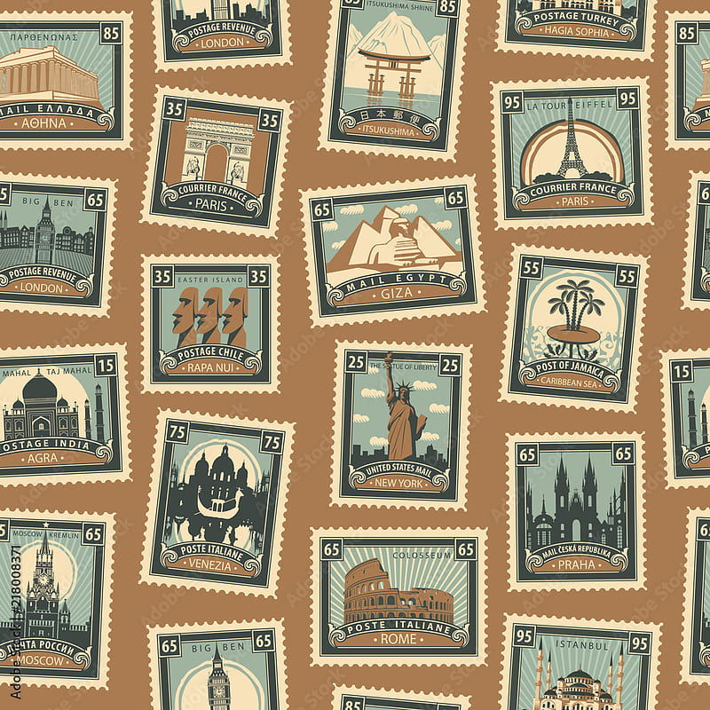 Retro Postage Seamless Background. Vector seamless pattern on the