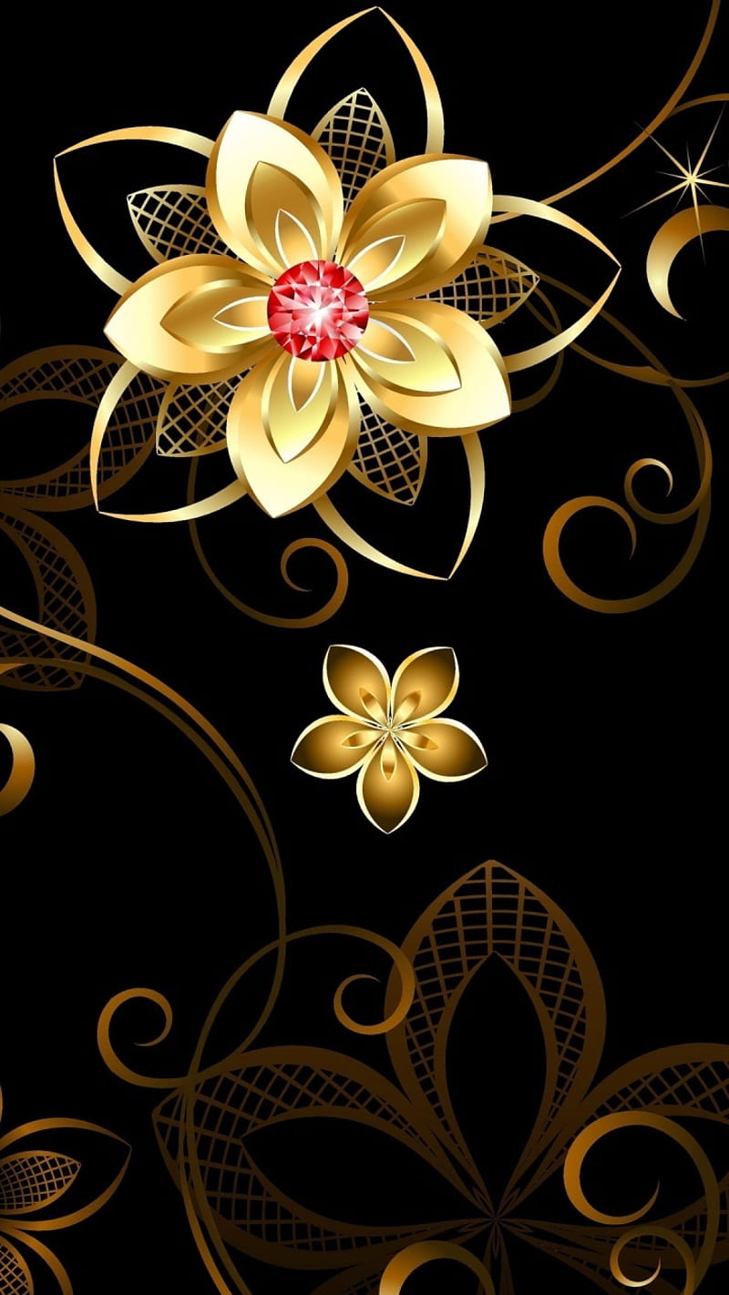 golden flower, black, flower, gold, HD phone wallpaper