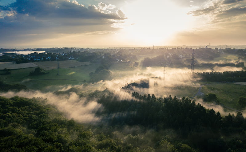 Morning Mist Ultra, Europe, Germany, View, Nature, Sunset, River, Mist, Aerial, Drone, solingen, wupper, BergischesLand, tributary, HD wallpaper