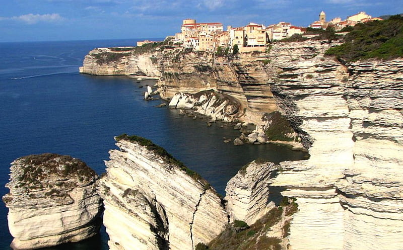 Corsica on the rocks, corsica, rocks, ocean, town, HD wallpaper