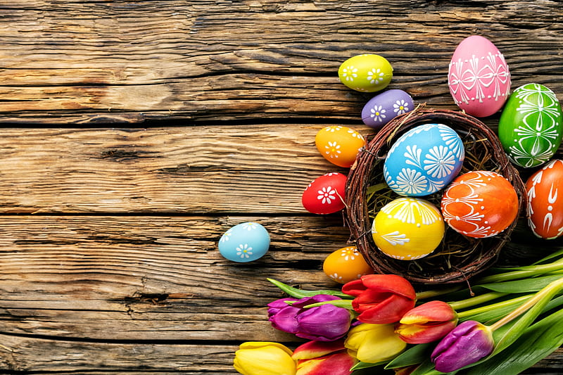 Easter, spring time, colorful, easter eggs, holiday, colors, spring, still life, tulips, happy easter, tulips world, tulip, HD wallpaper