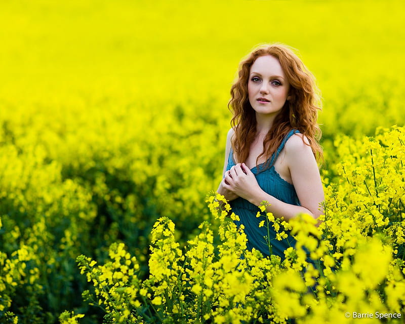 FLAME in a rapeseed field, dress, yellow, sunny, bonito, young, flame, girl, bright, summer, nature, field, red hair lady, blue, HD wallpaper