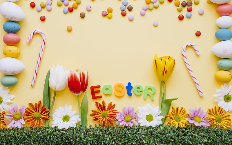Easter, decoration, April 1, 2018, spring holiday, tulips, Easter eggs, HD wallpaper