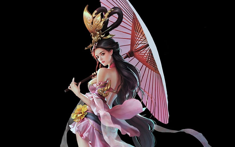 Fantasy girl, woman, pink, umbrella, black, game, superb, girl, beauty, asian, parasol, gorgeous, HD wallpaper