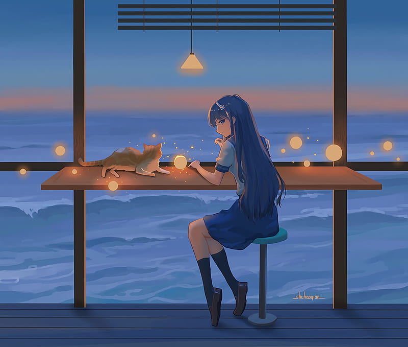 girl, schoolgirl, cat, light, sparks, twilight, anime, HD wallpaper