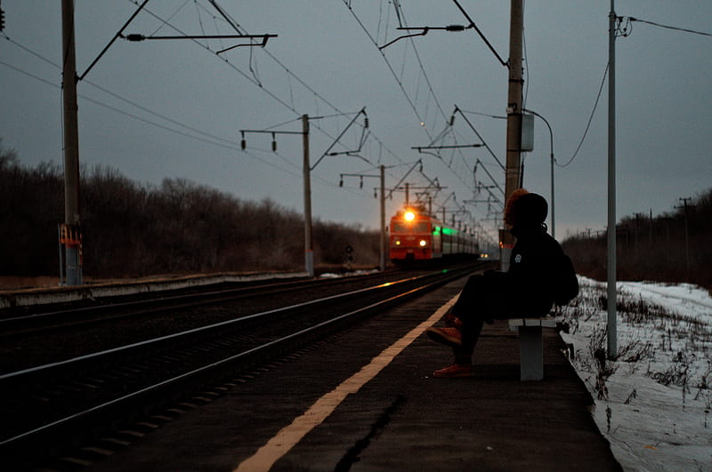 silhouette, alone, sad, train, station, HD wallpaper