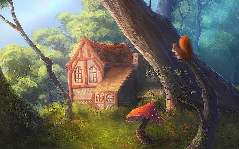 Cottage, red, art, squirrel, fantasy, green, mushroom, HD wallpaper