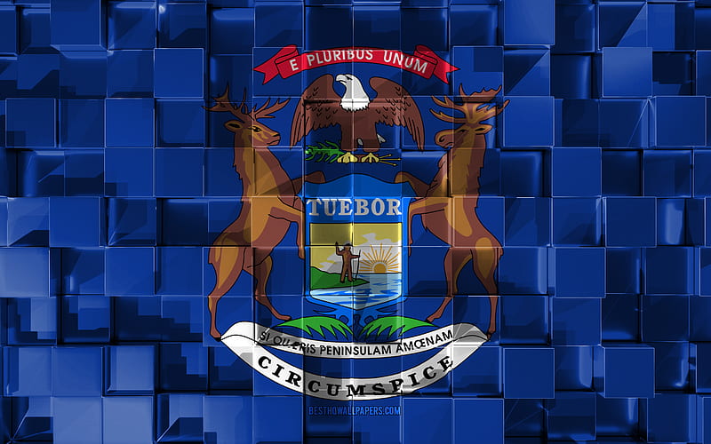 Flag of Michigan, 3d flag, US state, 3d cubes texture, Flags of American states, 3d art, Michigan, USA, 3d texture, Michigan flag, HD wallpaper