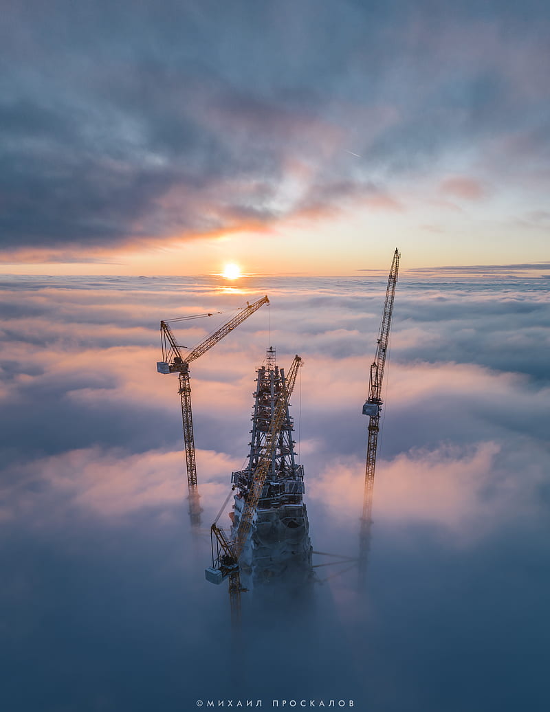 construction site, sky, clouds, cranes (machine), HD phone wallpaper