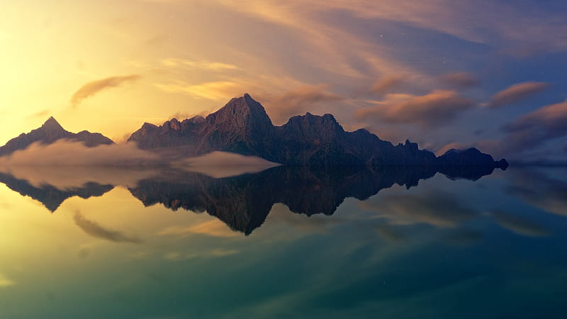 sunset, mountains, reflection, clouds, scenic, calm, Nature, HD wallpaper
