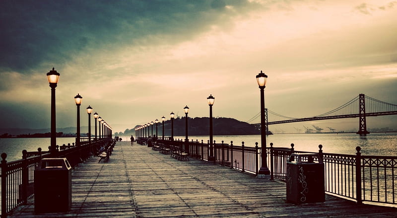 Promenade, decking, lampposts, pier, lights, HD wallpaper