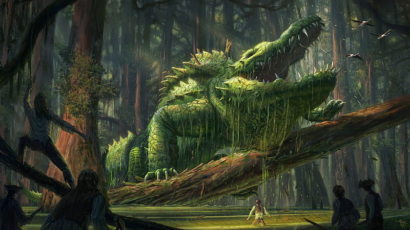 Fantasy, Creature, Animal, Crocodile, Forest, People, Scary, HD wallpaper