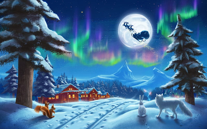 Santa’s Visit, sleigh, northern lights, scenic, christmas, home, Cottages, Santa, Winter, moon, snow, moonlight, animals, HD wallpaper