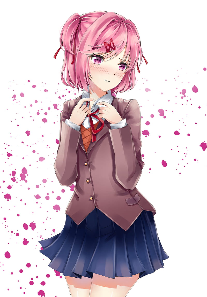 Doki Doki Literature Club, visual novel, video game characters, video games, video game girls, Video Game Horror, DDLC, pink hair, pink eyes, fan art, digital art, red bow, blue skirt, Natsuki (Doki Doki Literature Club), looking at viewer, HD phone wallpaper