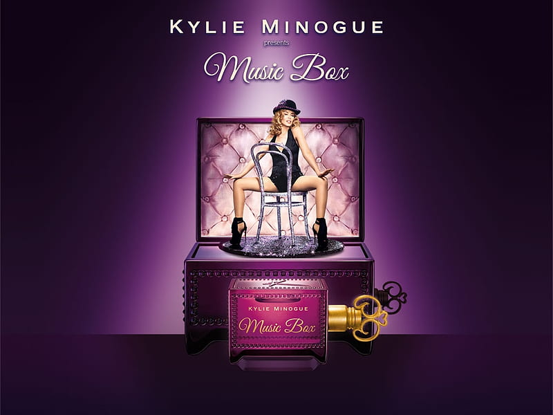 Kylie Minogue, perfume, bottle, music box, fragrance, woman, singer, hat, girl, purple, commercial, HD wallpaper
