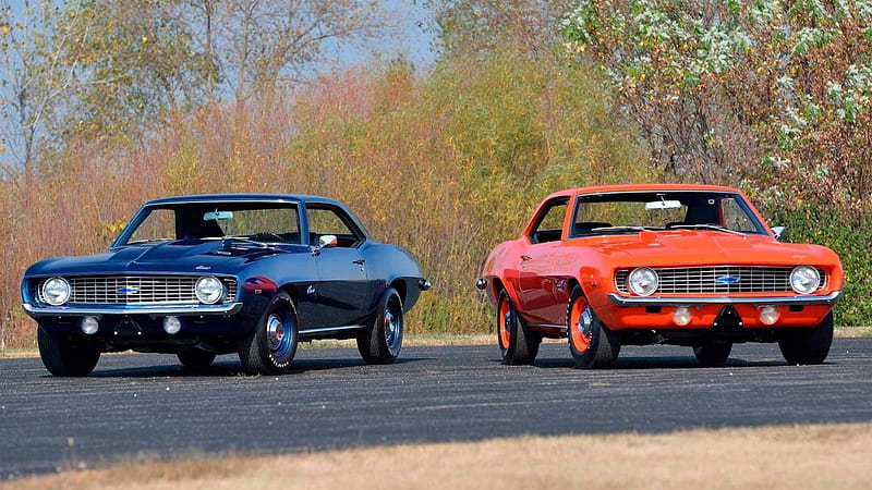 Two is always better than one when it comes to pony cars, Classic, Orange, Muscle, GM, Dk Blue, HD wallpaper