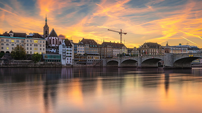 Building And House Near Basel Bridge Above River During Sunset In Switzerland Travel, HD wallpaper