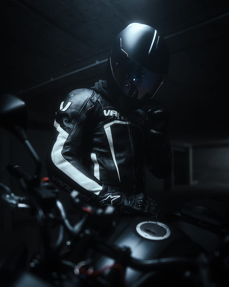 motorcyclist, biker, helmet, motorcycle, black, HD phone wallpaper