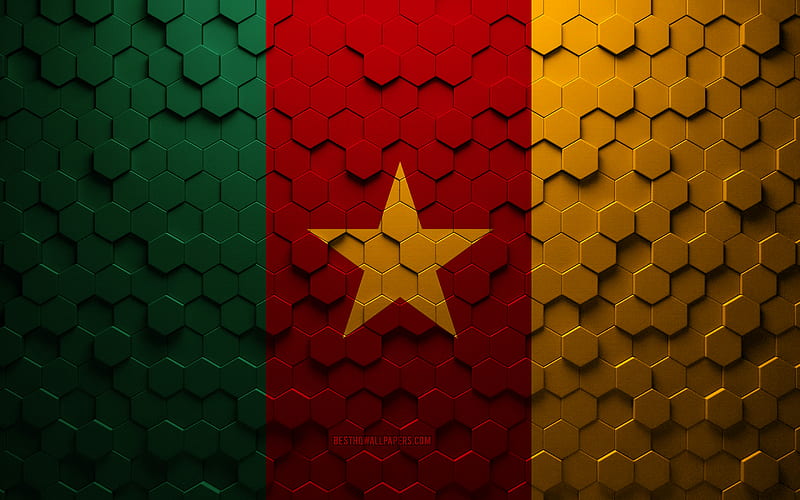 Flag of Cameroon, honeycomb art, Cameroon hexagons flag, Cameroon, 3d hexagons art, Cameroon flag, HD wallpaper