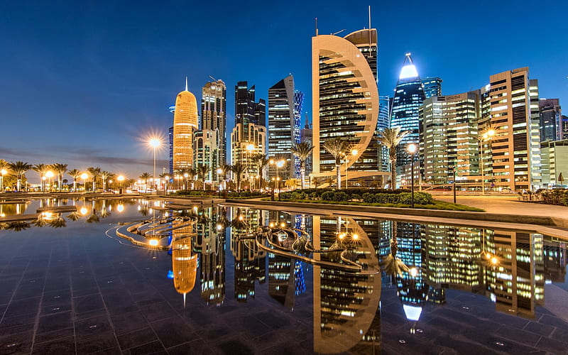 Doha, Qatar, Skyscrapers, evening, Sheraton Park, HD wallpaper